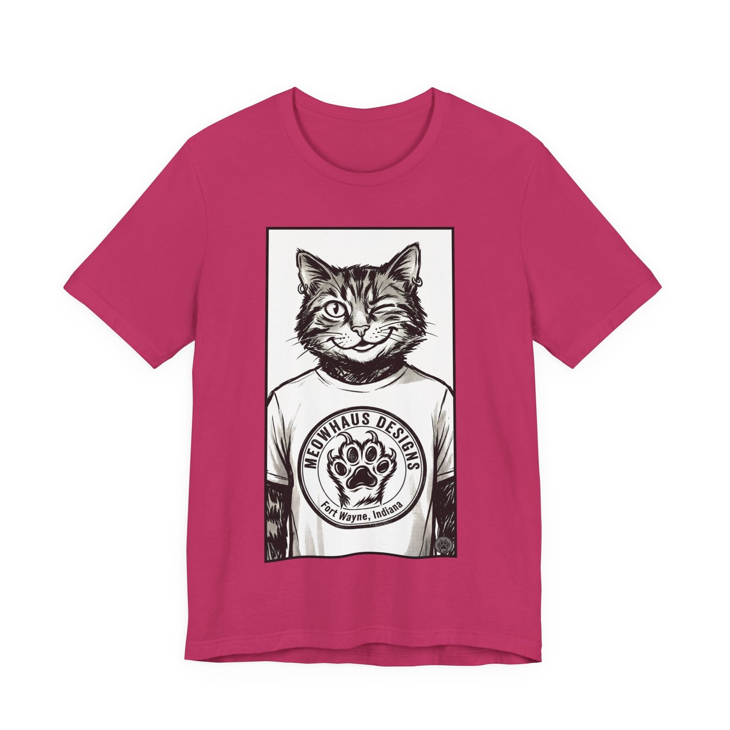 WinkyCat - Wearing the MHD Logo T-Shirt - Cat Portrait T‑Shirt — Retro Graphic Cat Wearing Logo Tee