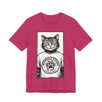WinkyCat - Wearing the MHD Logo T-Shirt - Cat Portrait T‑Shirt — Retro Graphic Cat Wearing Logo Tee