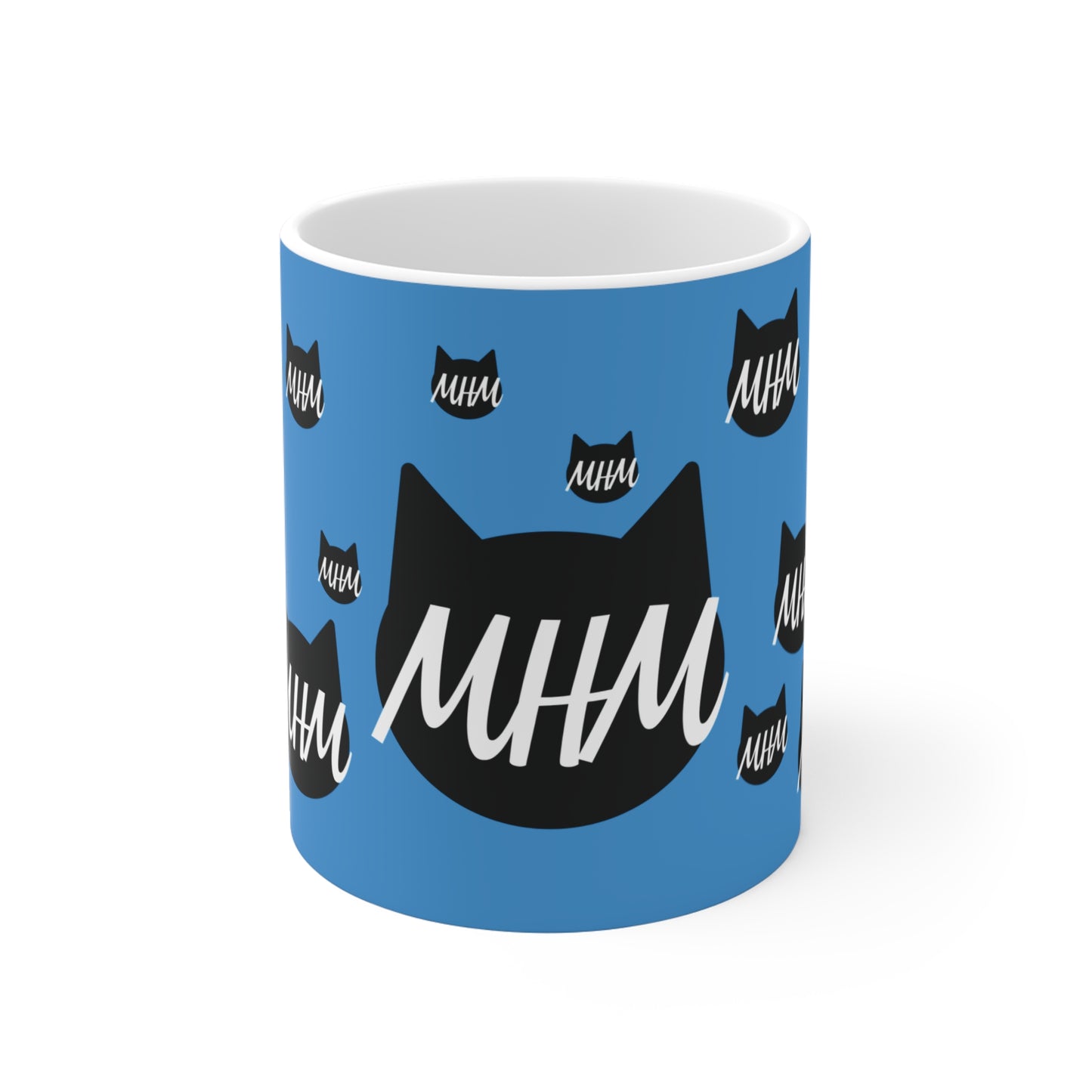 Cat Logo Mug — Blue 'MHM' Pattern 11oz