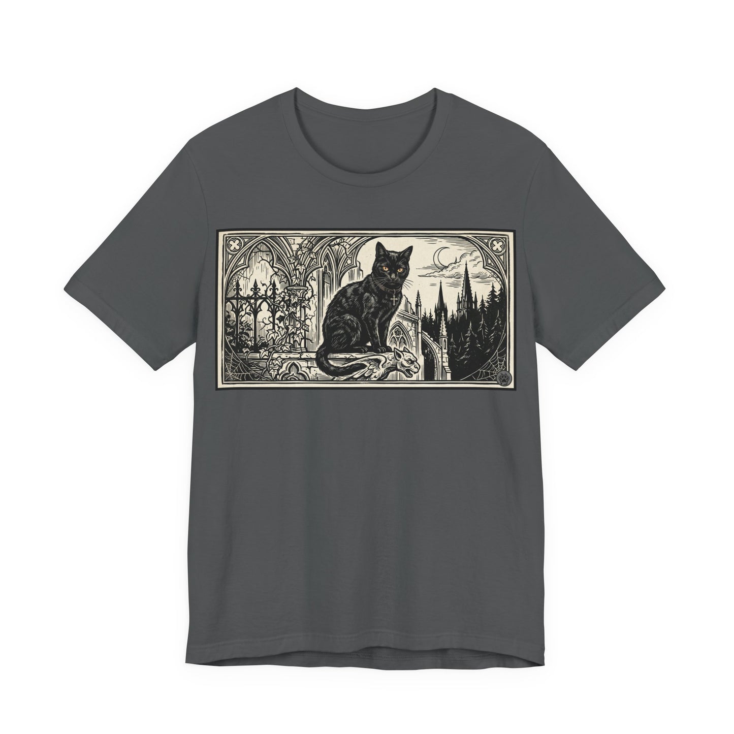DarkArts Collection - Cat Horizontal - Vintage Gothic Black Cat T-Shirt — Moonlit Cathedral Illustration Tee