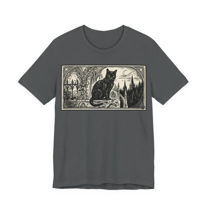 DarkArts Collection - Cat Horizontal - Vintage Gothic Black Cat T-Shirt — Moonlit Cathedral Illustration Tee