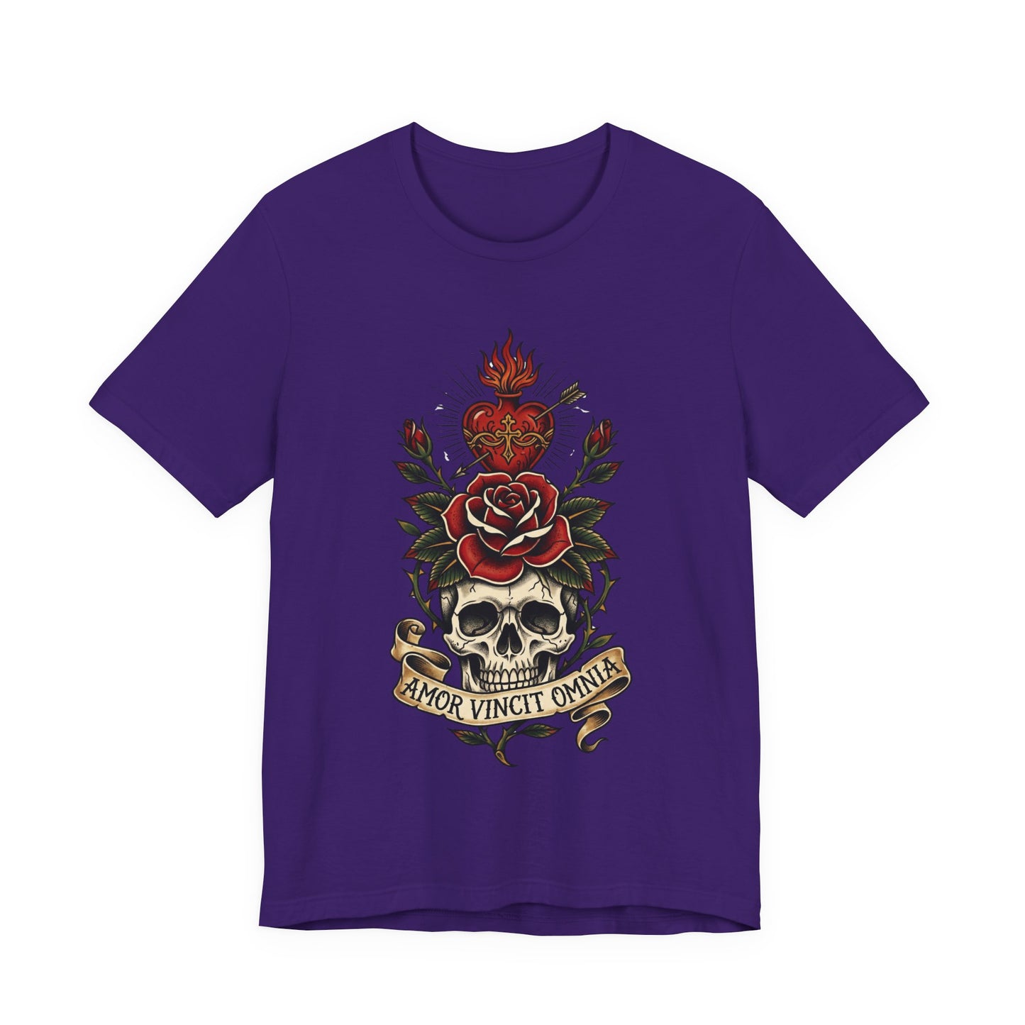 AVO - Tattoo T-Shirt — 'Amor Vincit Omnia' Skull & Rose Sacred Heart Tee