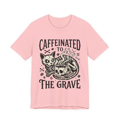 VOID - Caffeinated to the Grave Tee — Gothic Skull & Cat Coffee Shirt