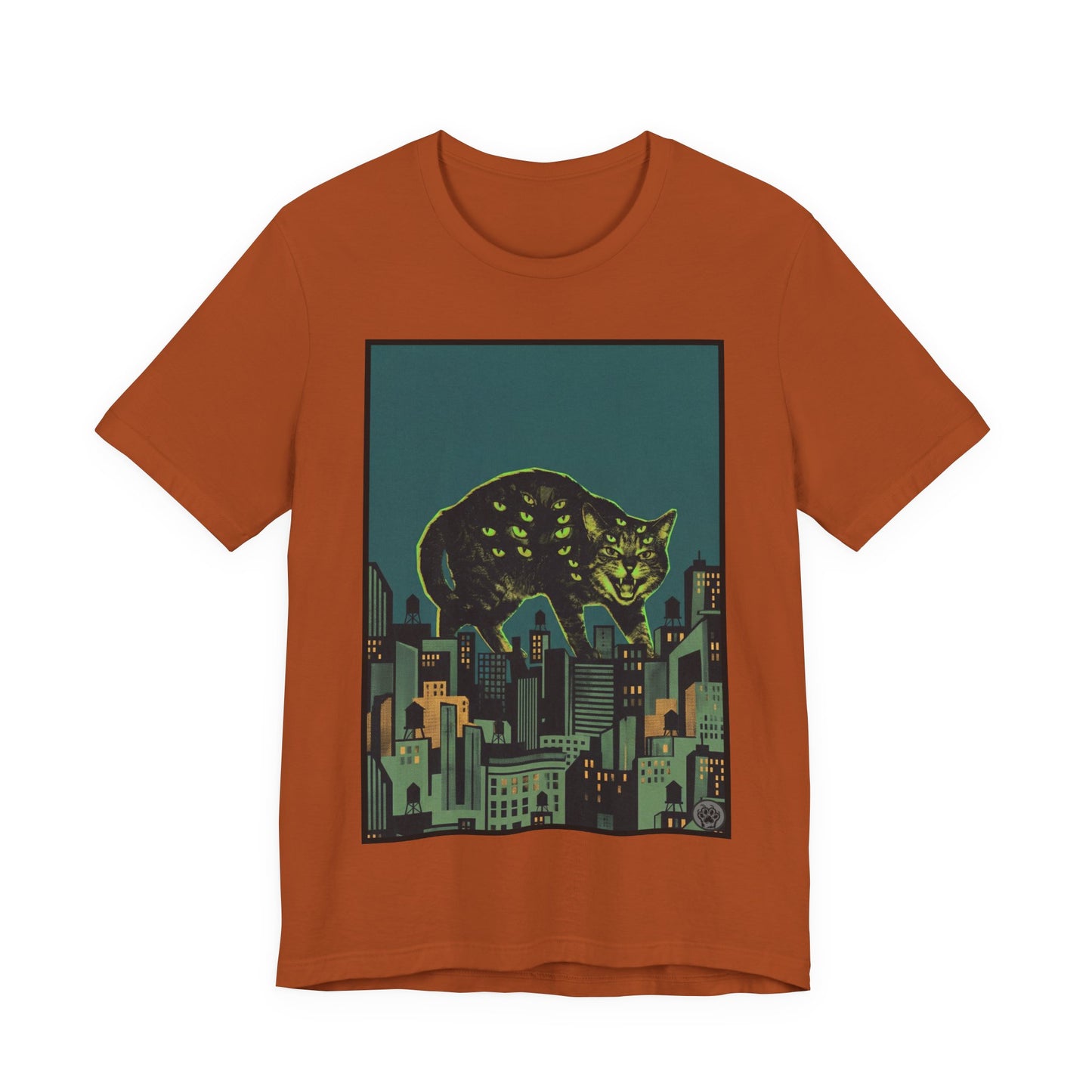 City Cat Attacks! - Green Collage Poster Original - Giant Night Cat Cityscape Tee
