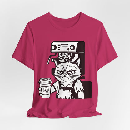 VOID - Annoyed Cat Coffee Tee — Funny Sarcastic Cat Barista Shirt with Coffee & Espresso Machine