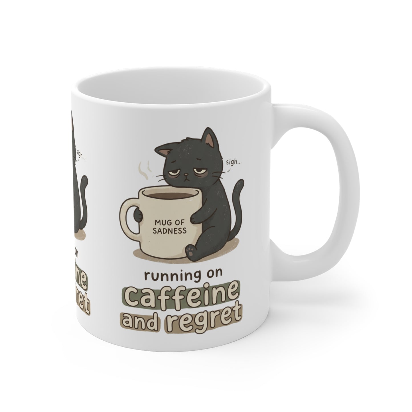 VOID - Running on Caffeine and Regret Mug — Cute Black Cat 'Mug of Sadness' 11oz Coffee Cup