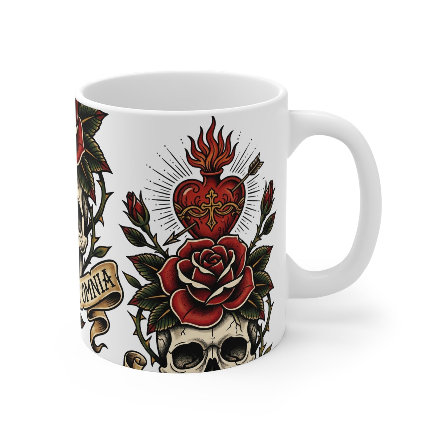 AVO - V1 #2 - 11oz Mug Ambi Handle — Skull & Rose 'Amor Vincit Omnia' Tattoo-Style Coffee Cup