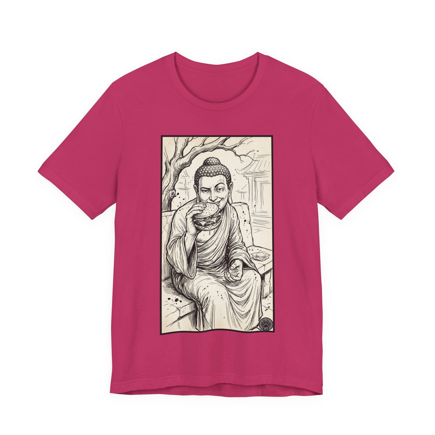 Bad Buddha Cheeseburger Sketch Tee — Humor Illustration T-Shirt
