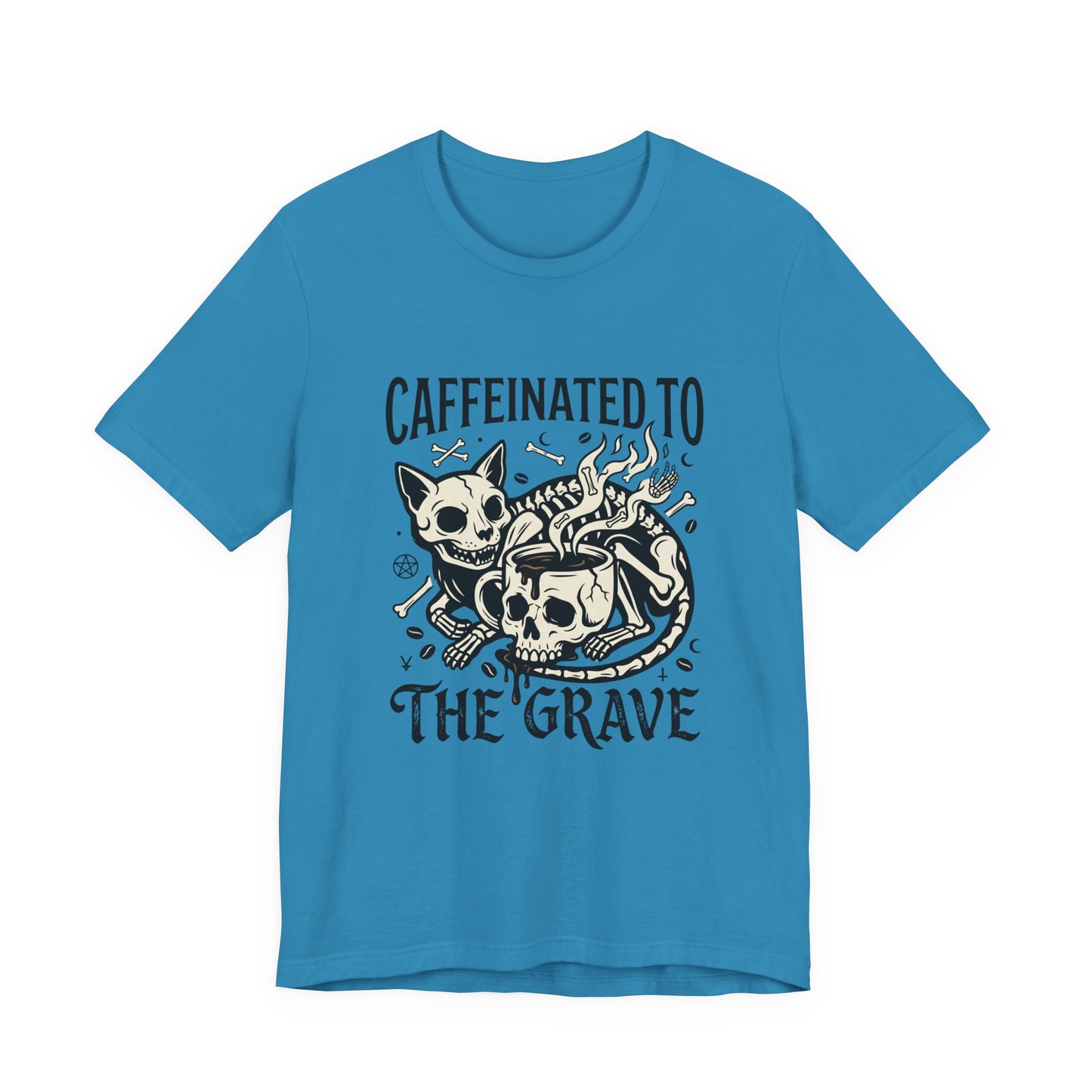 VOID - Caffeinated to the Grave Tee — Gothic Skull & Cat Coffee Shirt