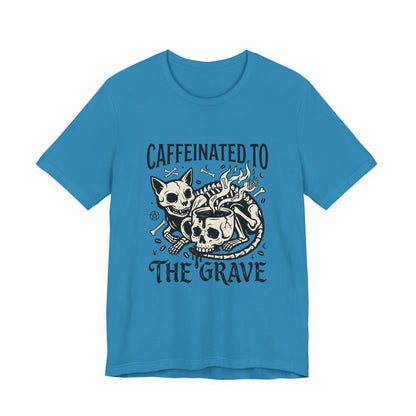 VOID - Caffeinated to the Grave Tee — Gothic Skull & Cat Coffee Shirt
