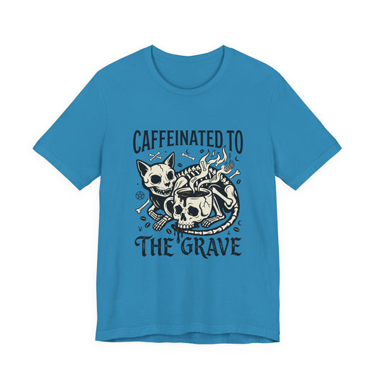 VOID - Caffeinated to the Grave Tee — Gothic Skull & Cat Coffee Shirt