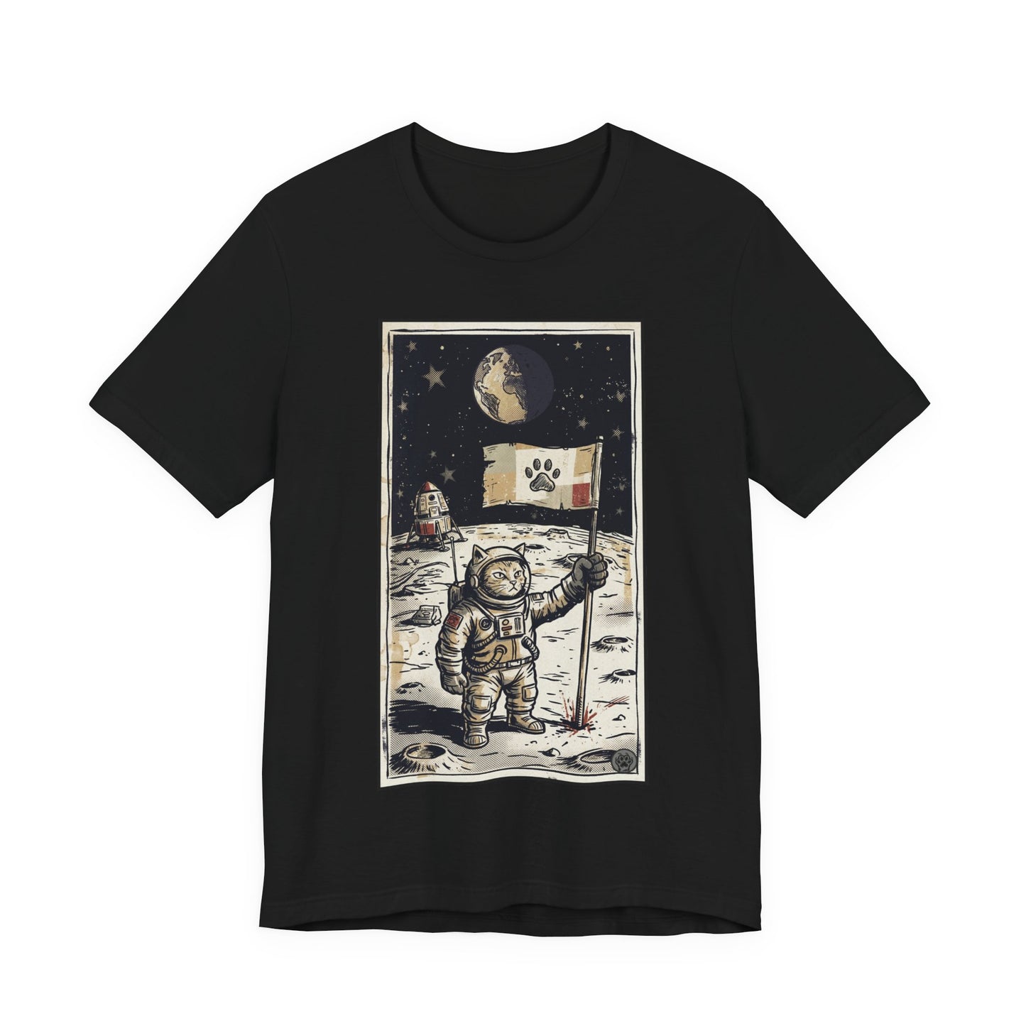 SpaceCat - Conquers The Moon! - Astronaut Cat Moon T-Shirt — Vintage Styled Space Kitty Flag Tee