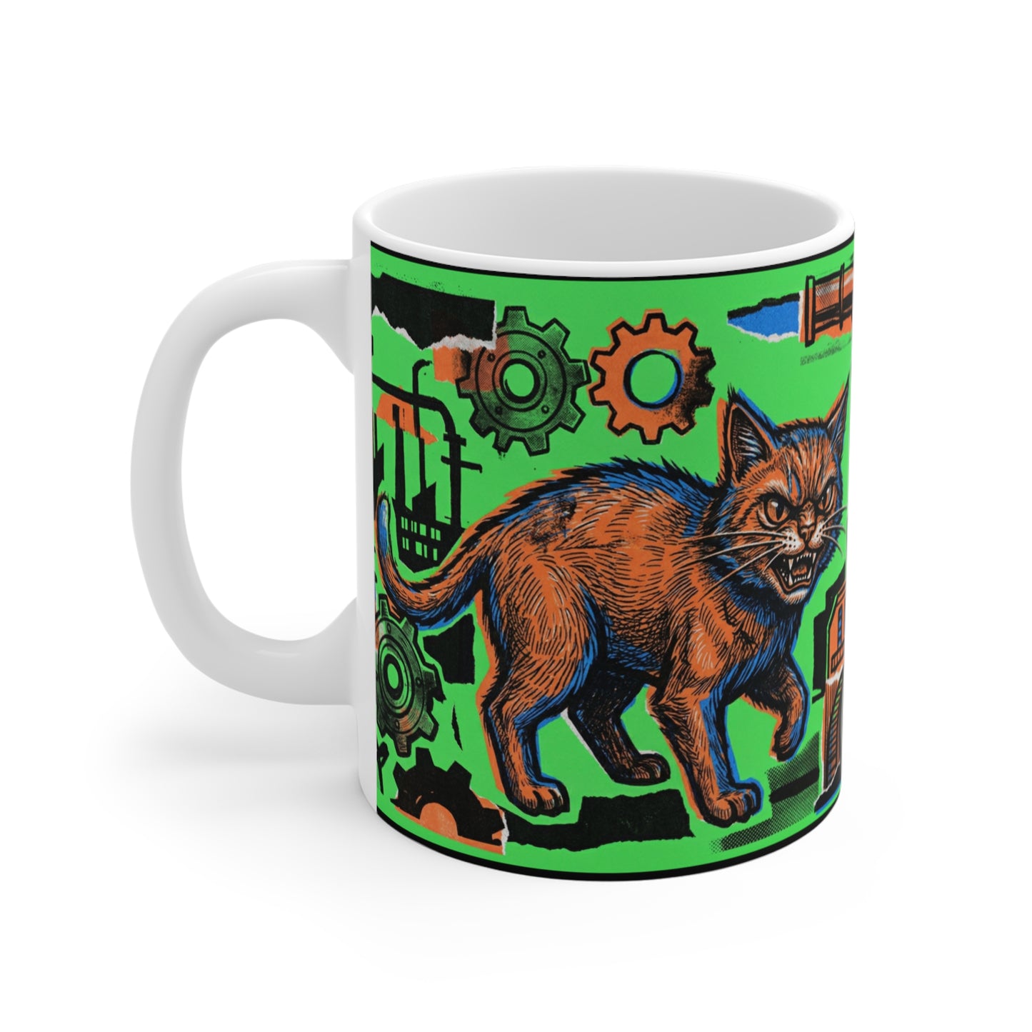 IndustrialCat - Green Collage Poster - 11oz Mug Ambi Handle - Industrial Steampunk Cat Mug – Orange Tabby, Gears & Pipes 11oz