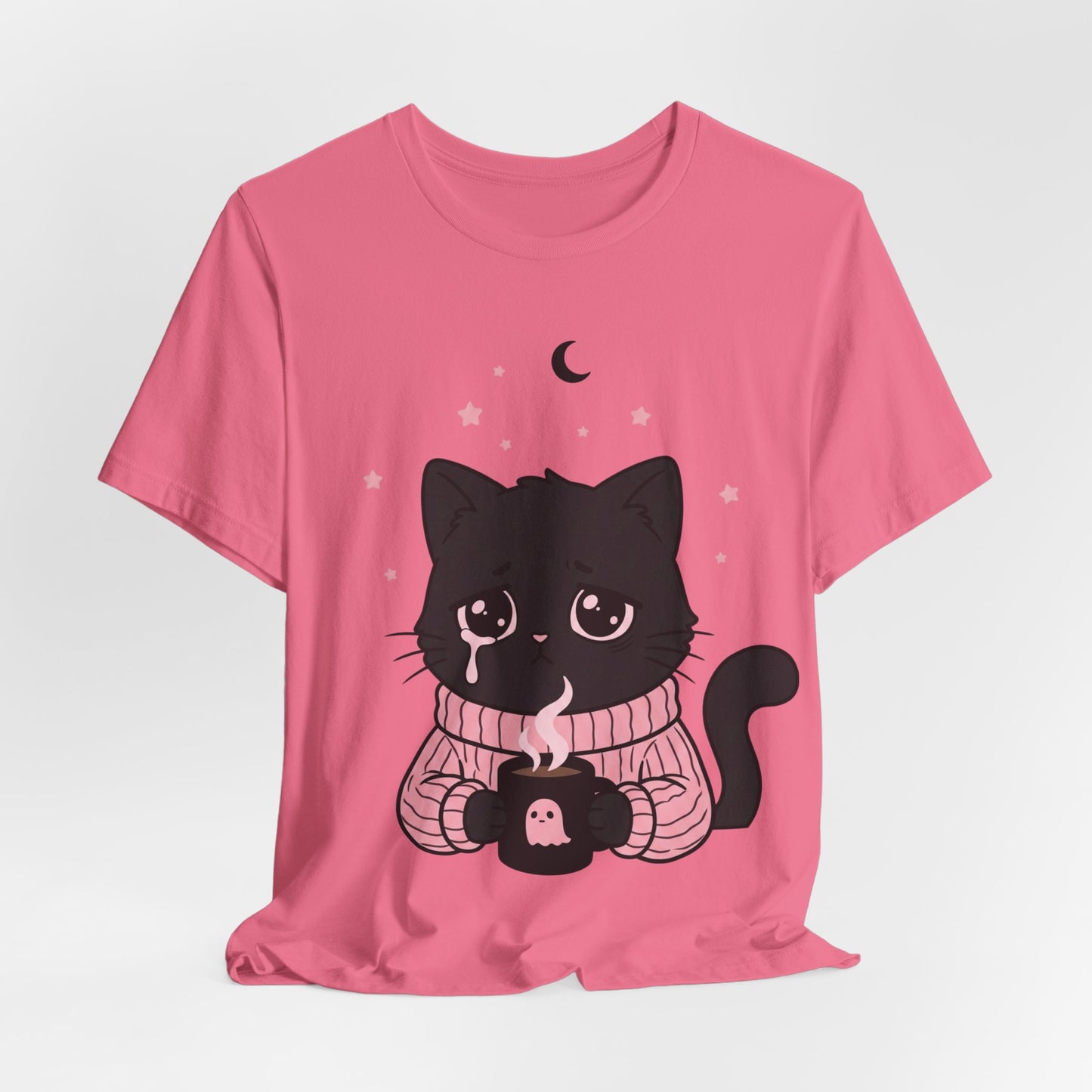 VOID - Cute Sad Black Cat Holding Hot Coffee T‑Shirt — Cozy Pink Sweater Kitty Tee