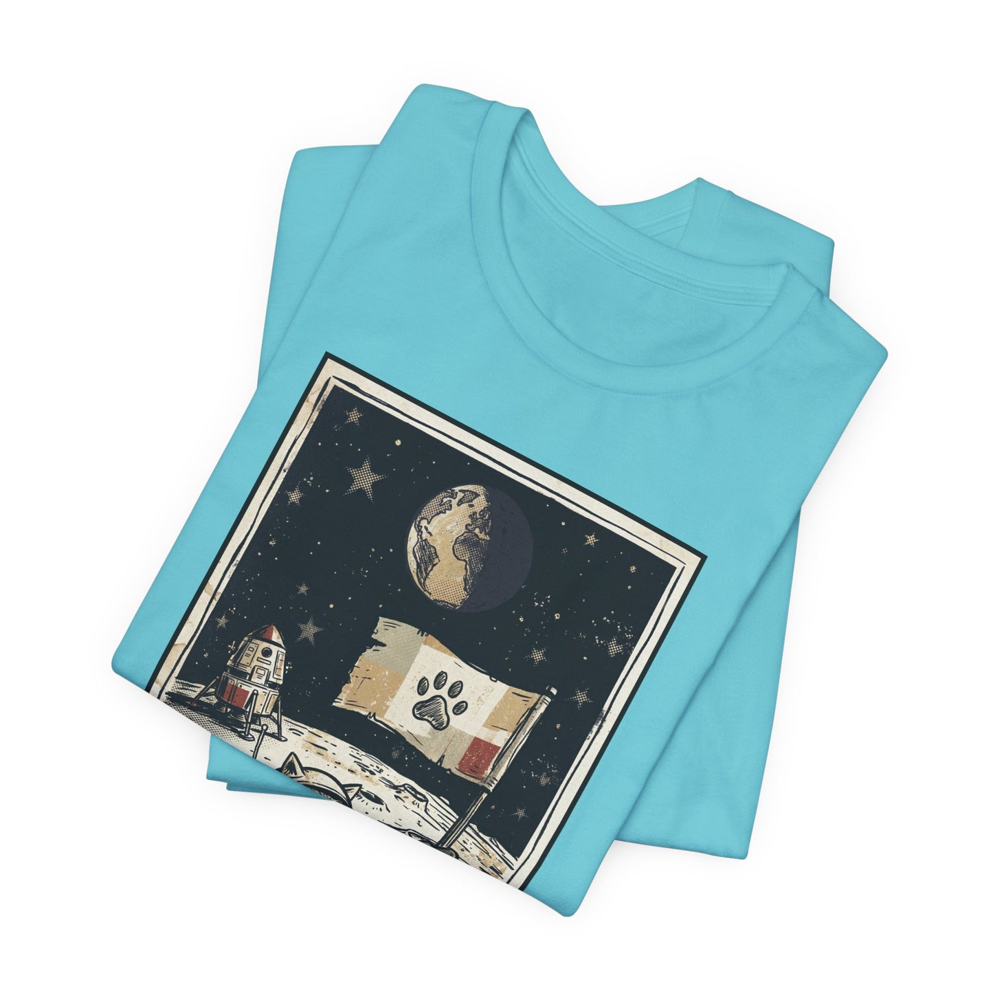 SpaceCat - Conquers The Moon! - Astronaut Cat Moon T-Shirt — Vintage Styled Space Kitty Flag Tee
