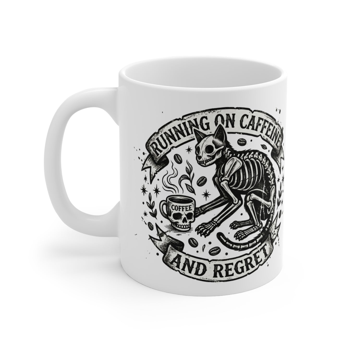 VOID - Running on Caffeine and Regret Coffee Mug — Skeleton Cat Skull Design, Gothic Coffee Cup, Funny Dark Humor Gift for Cat Lovers