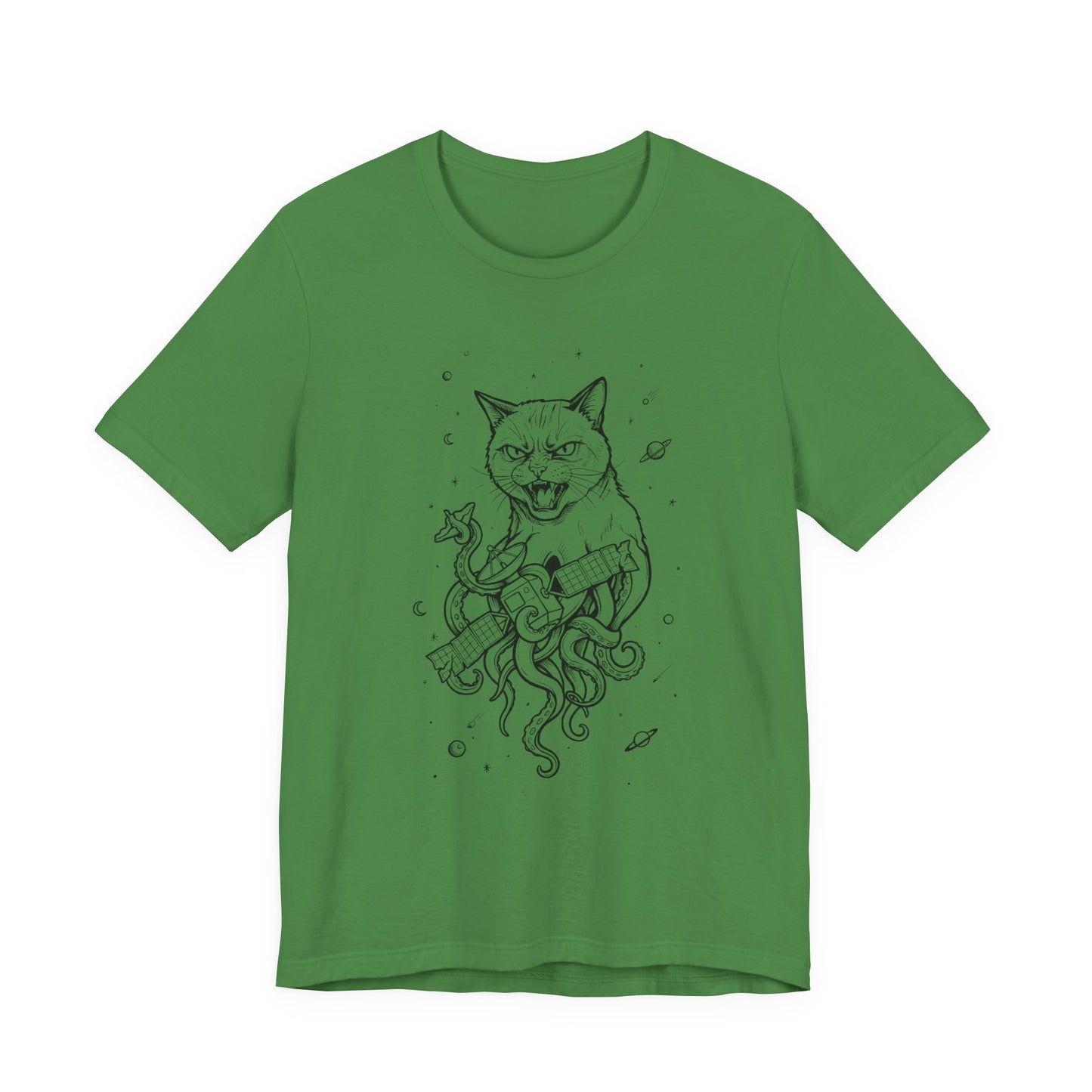 AlienCat In Space - Black Outline - Cat Kraken Illustration T-Shirt — Nautical Mythical Cat with Octopus Tentacles Tee