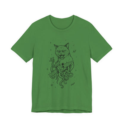 AlienCat In Space - Black Outline - Cat Kraken Illustration T-Shirt — Nautical Mythical Cat with Octopus Tentacles Tee