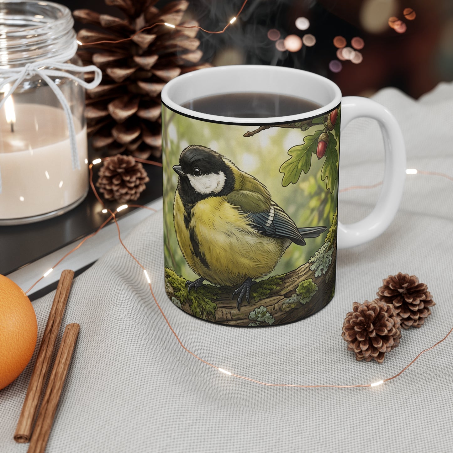 Great Big Tits Bird Mug - 11oz Ambi Handle — Birder Humor Wordplay 11oz Ceramic Coffee Cup with Woodland Songbird Illustration