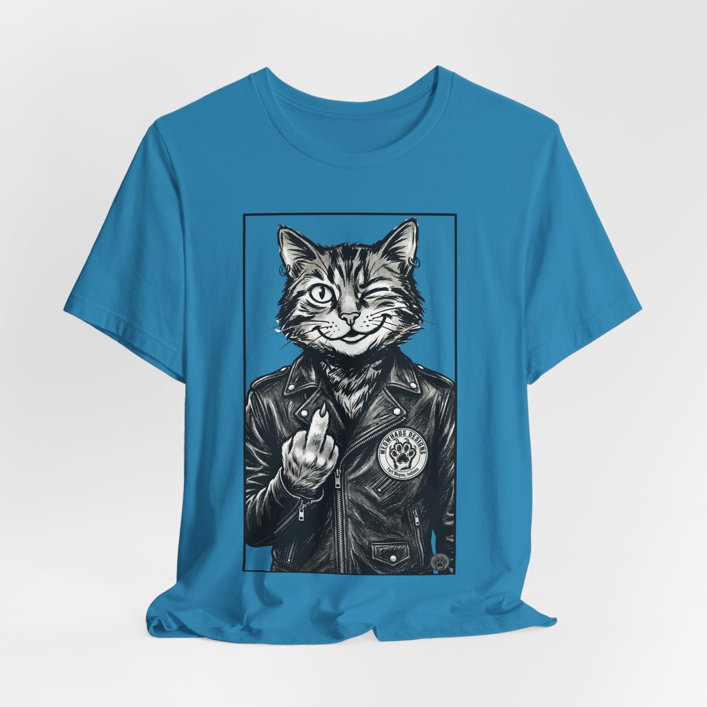 WinkyCat - Leather Jacket & Snarky Gesture - Cat Biker Tee — Grinning Cat in Leather Jacket Graphic T-Shirt