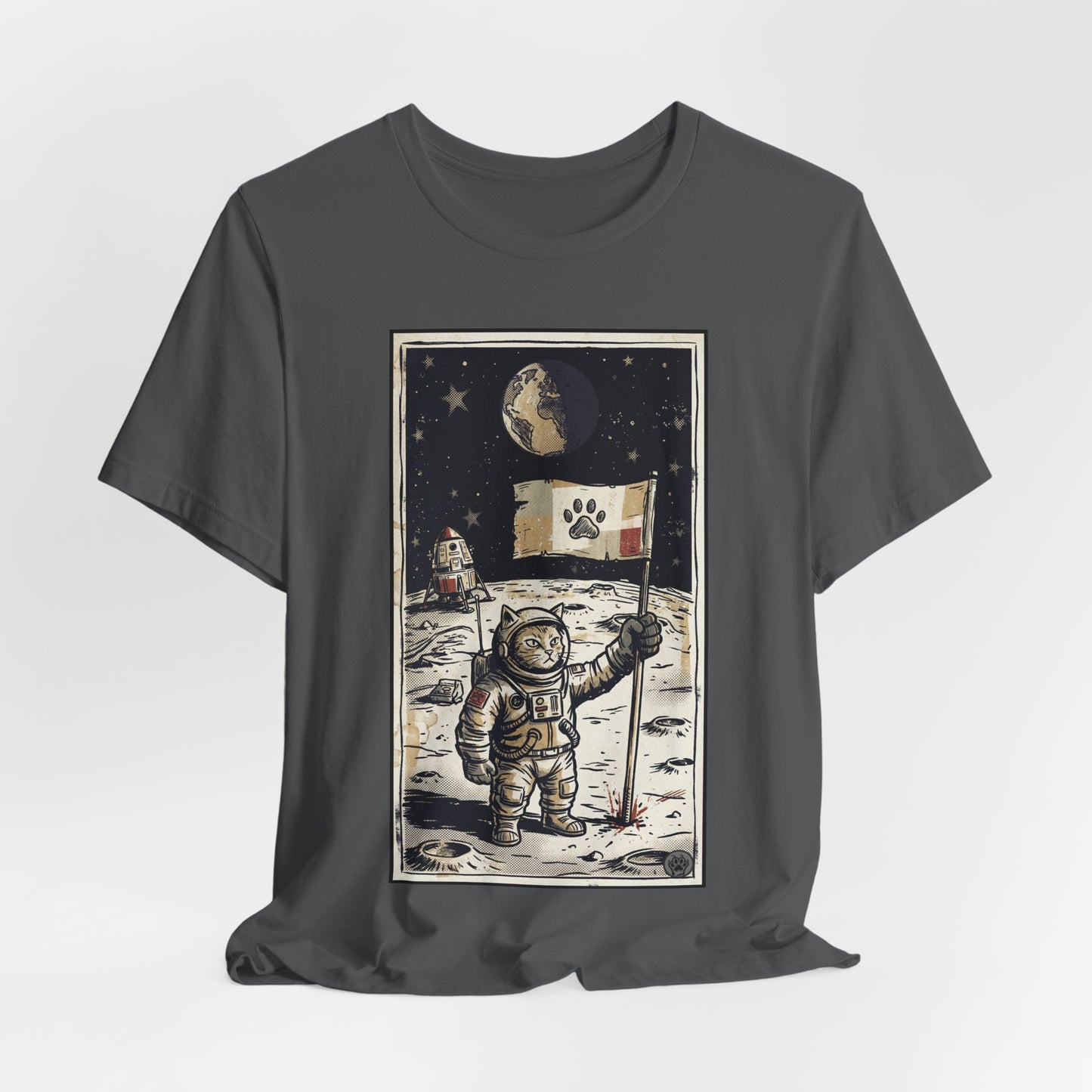 SpaceCat - Conquers The Moon! - Astronaut Cat Moon T-Shirt — Vintage Styled Space Kitty Flag Tee