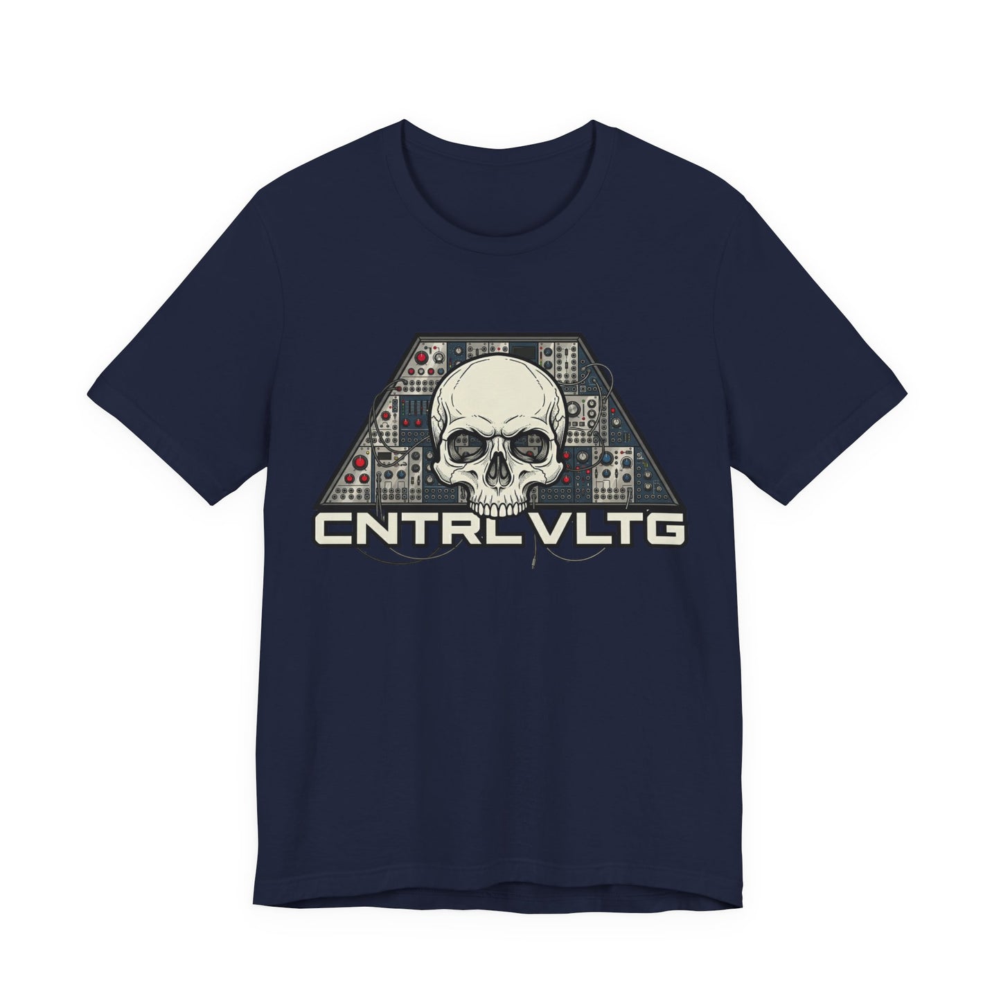 CV Control Voltage - TriBase White - Skull Modular Analog Synth Console Tee — “CNTRL VLTG” Retro Electronic Music T-Shirt
