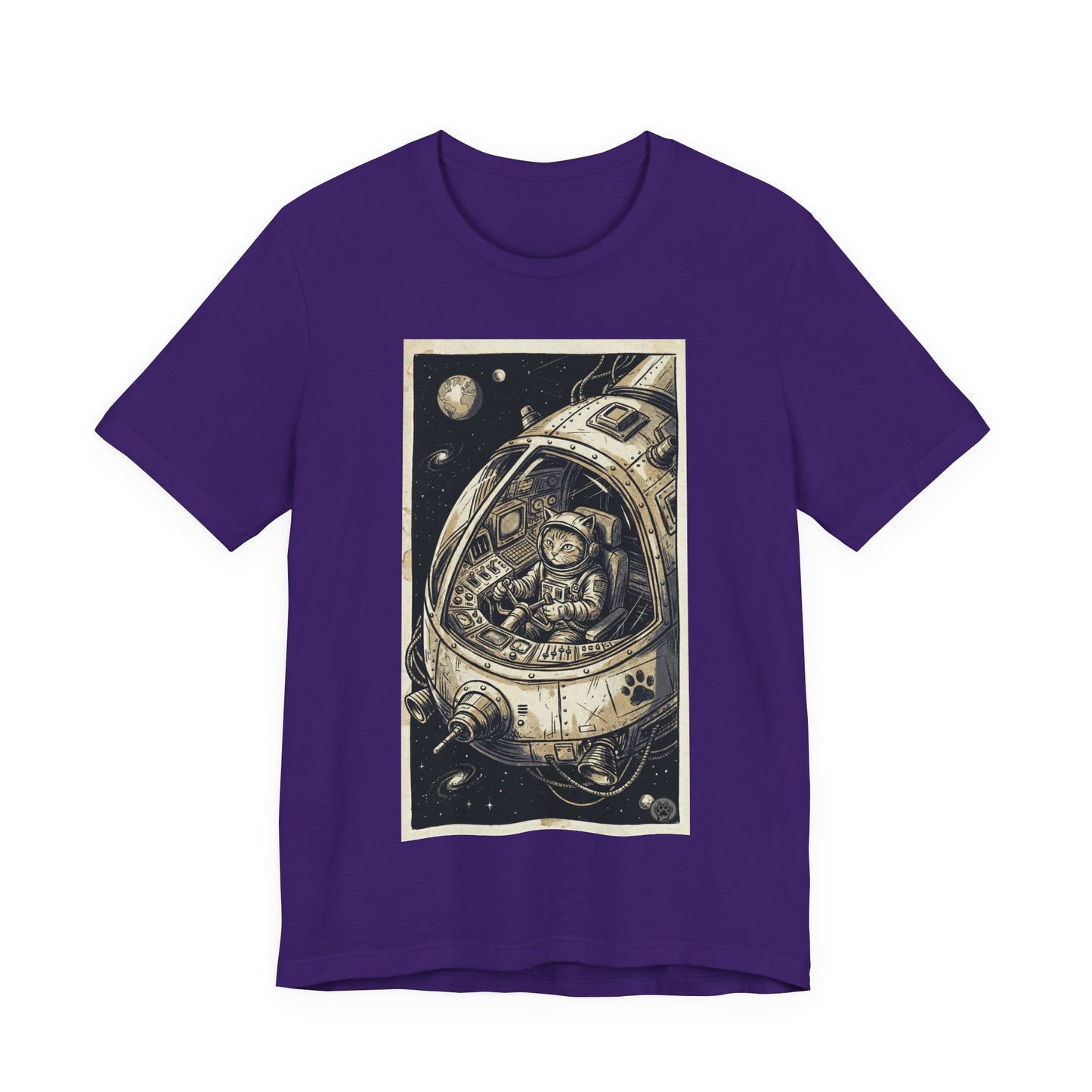 SpaceCat - To The Rescue! - Cat Astronaut in Rocket Capsule Graphic Tee – Vintage Style Space Pilot Illustration