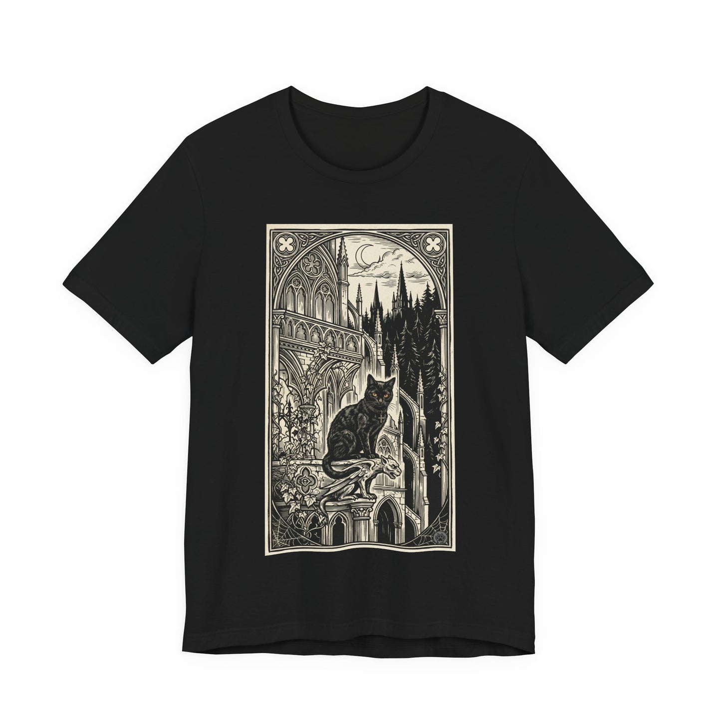 DarkArts Collection - Cat Vertical - Gothic Black Cat T-Shirt — Midnight Cathedral Illustration Tee