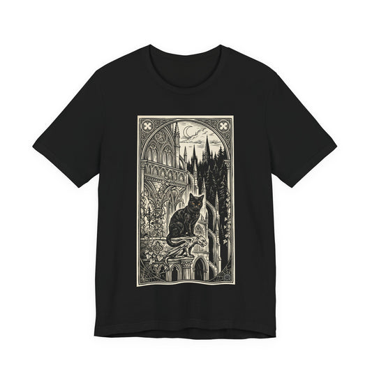 DarkArts Collection - Cat Vertical - Gothic Black Cat T-Shirt — Midnight Cathedral Illustration Tee