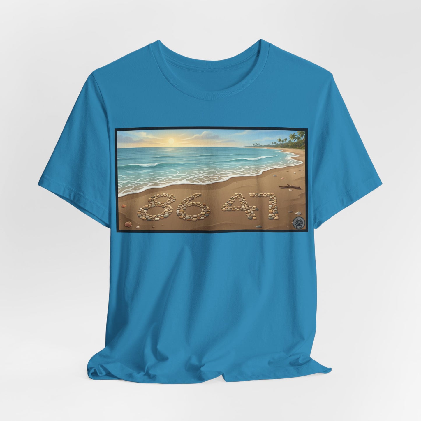A Nice Day At The Beach - Horizontal V2 - Beach Sunset T-Shirt with '86 47' Sand Art – Coastal Vacation Tee