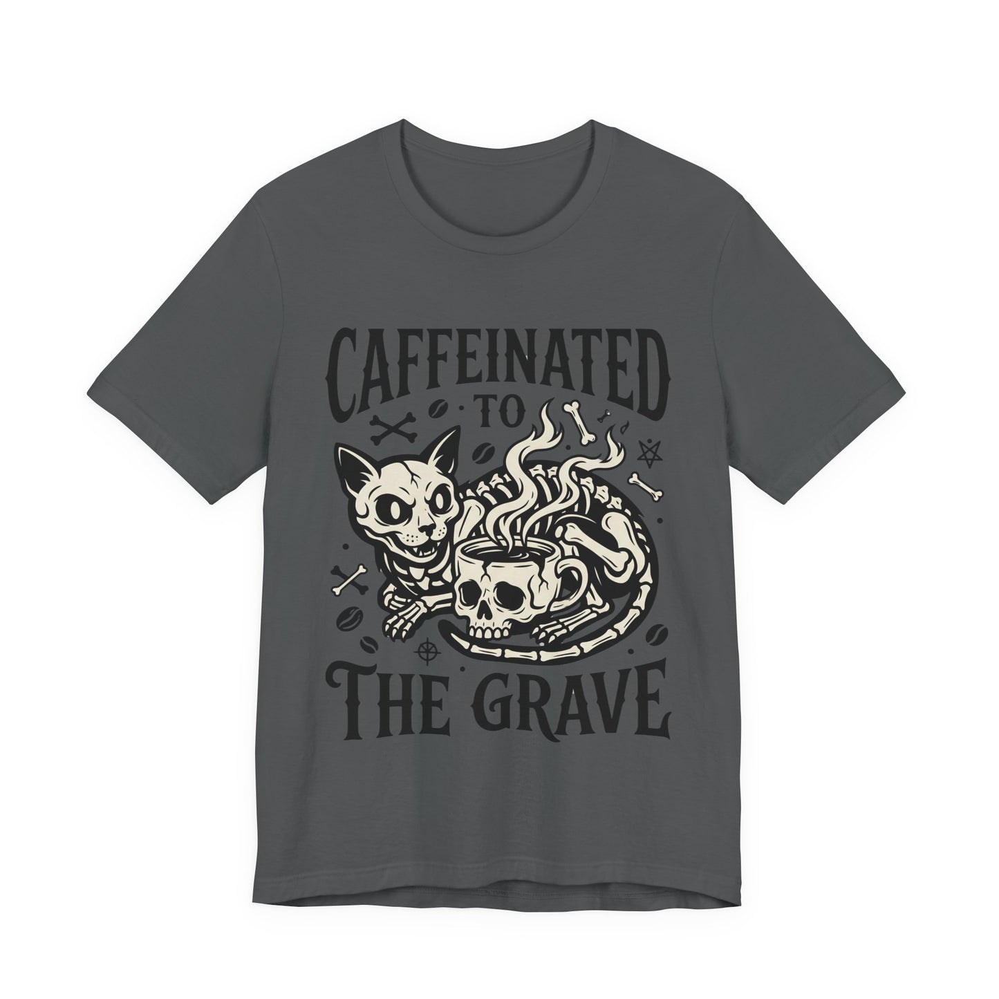 VOID - Caffeinated to the Grave Tee — Gothic Skull & Cat Coffee Shirt