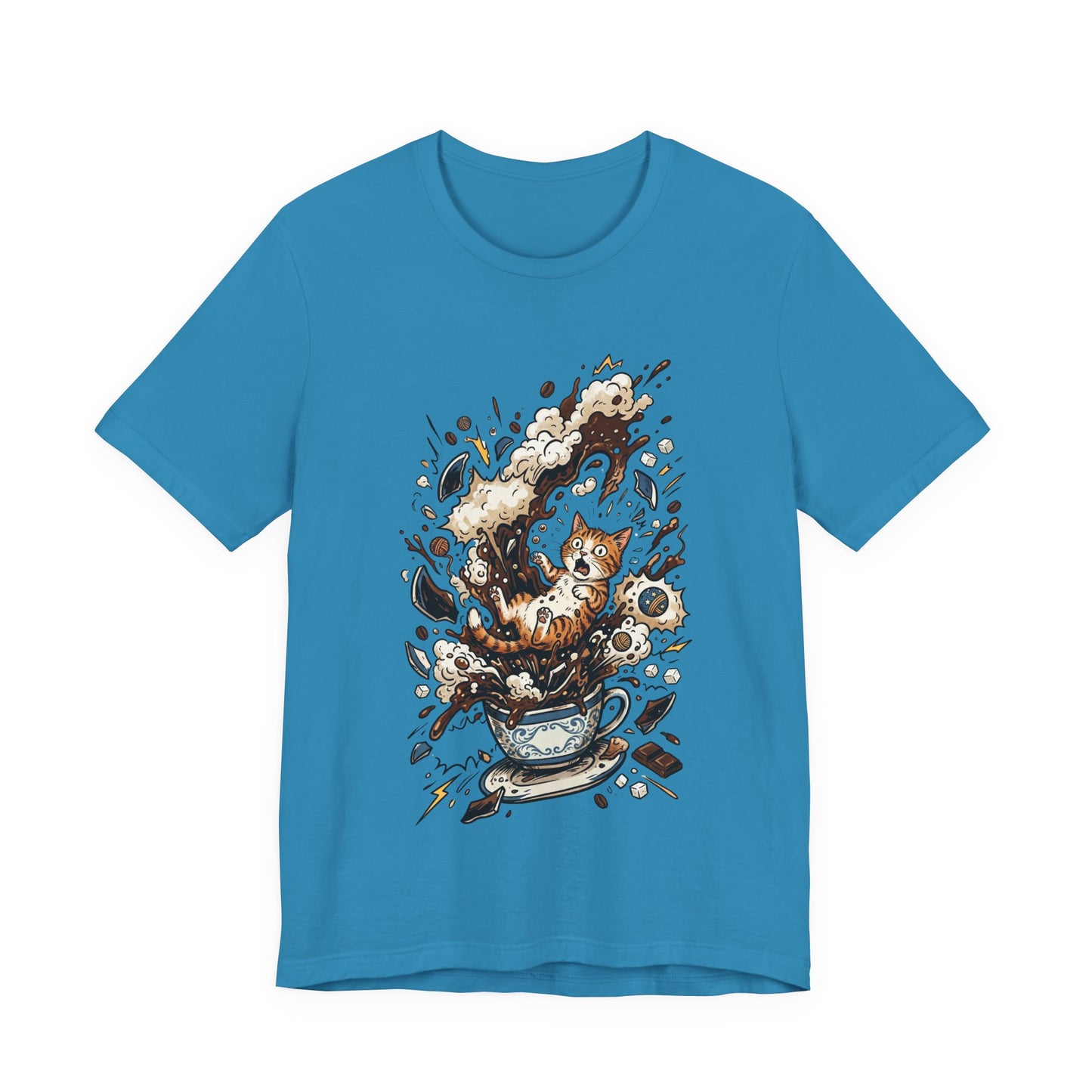 VOID - Cat Coffee Splash T‑Shirt — Cute Kitten Popping Out of Exploding Coffee Cup Tee