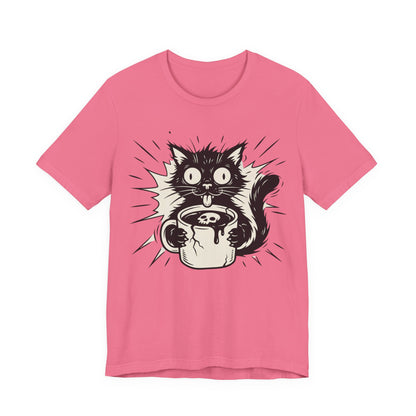VOID - Cat & Coffee Tee — Cute Crazy Cat Holding Mug Graphic T-Shirt