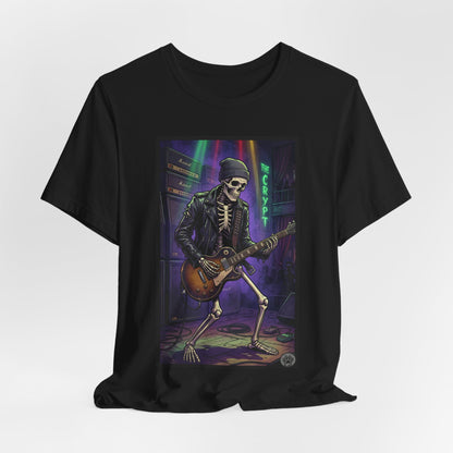 Bonesy - "At The Crypt" - Skeleton Rock Guitar Tee – Retro Neon Night Music T-Shirt