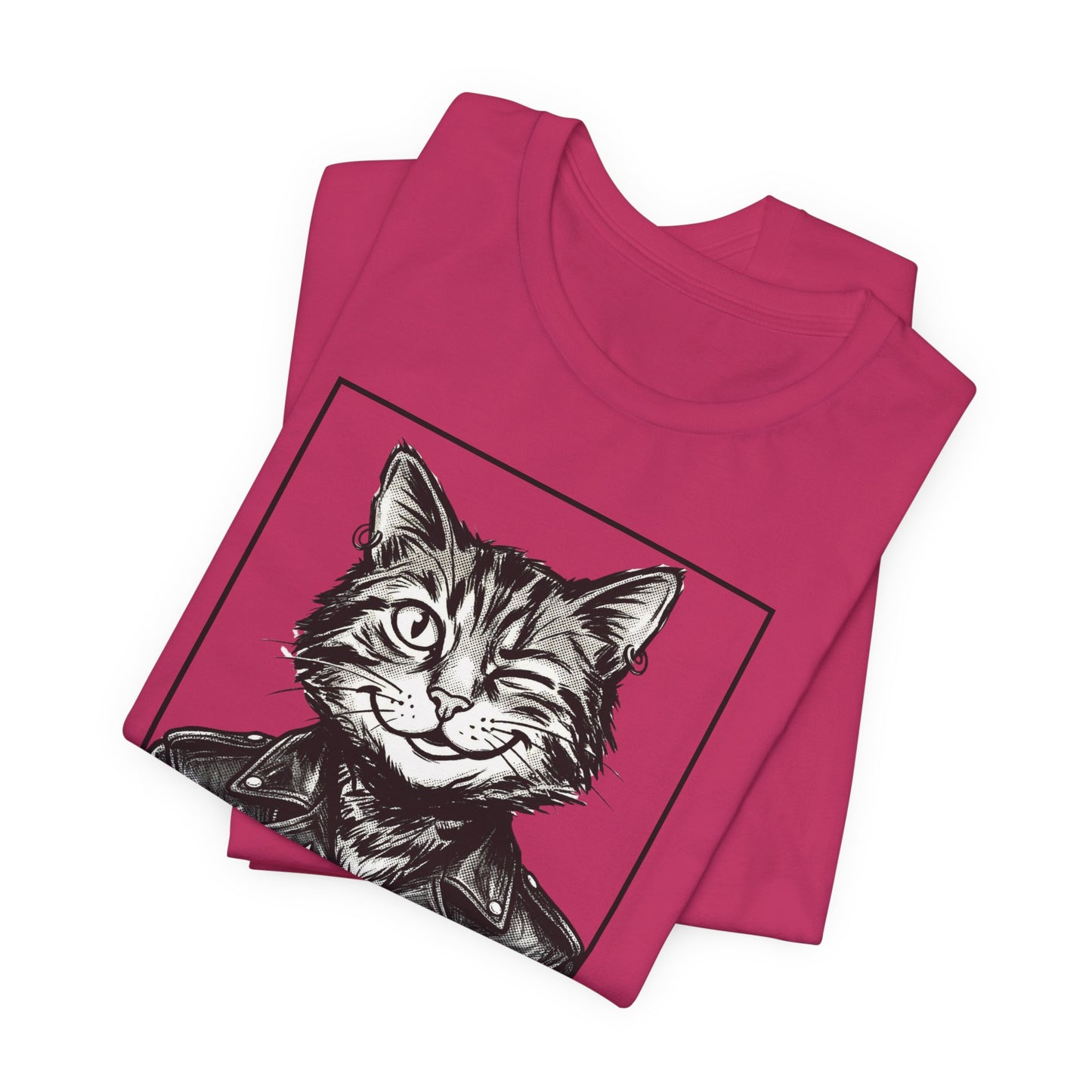 WinkyCat - Leather Jacket & Snarky Gesture - Cat Biker Tee — Grinning Cat in Leather Jacket Graphic T-Shirt