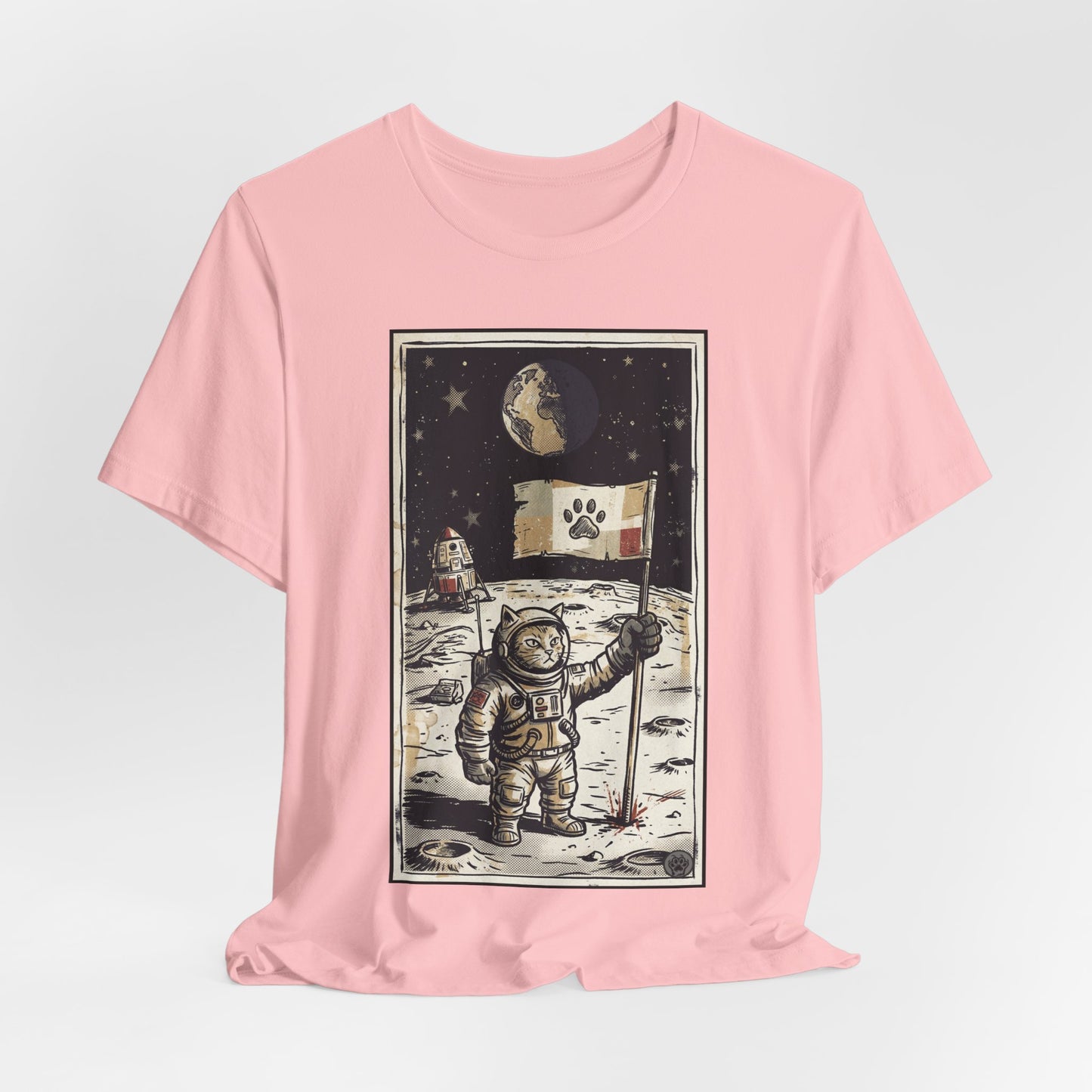 SpaceCat - Conquers The Moon! - Astronaut Cat Moon T-Shirt — Vintage Styled Space Kitty Flag Tee