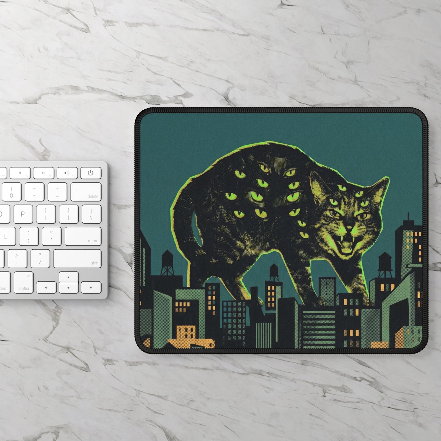 CityCat - Green Collage Poster - Retro Monster Cat Gaming Mouse Pad — Neon Multi-Eyed Cat Over Cityscape
