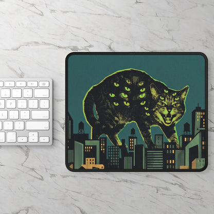 CityCat - Green Collage Poster - Retro Monster Cat Gaming Mouse Pad — Neon Multi-Eyed Cat Over Cityscape