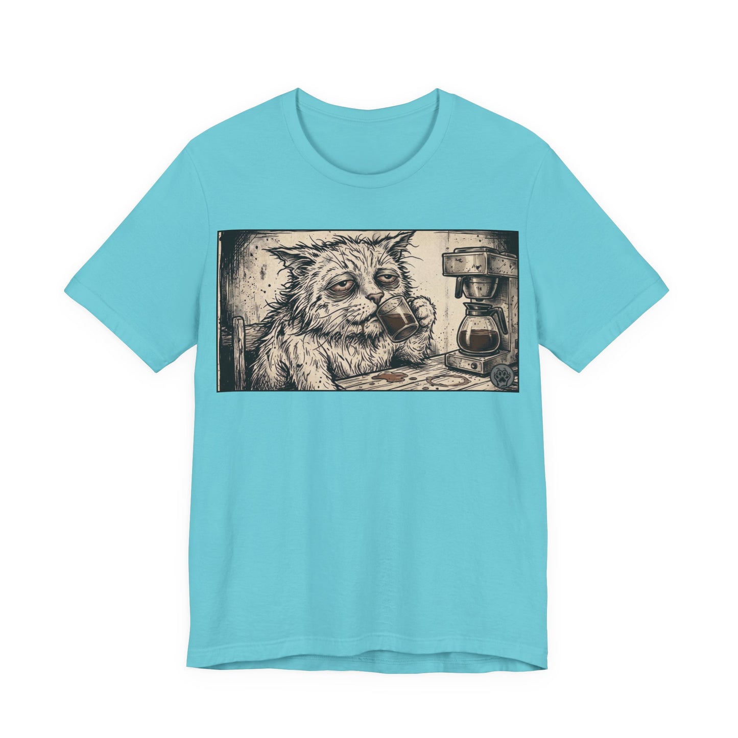 Scraps "GFM" Horizontal - Cat Drinking Coffee T‑Shirt — Vintage Sketch Tired Depressed Cat Drinking Coffee Graphic Tee