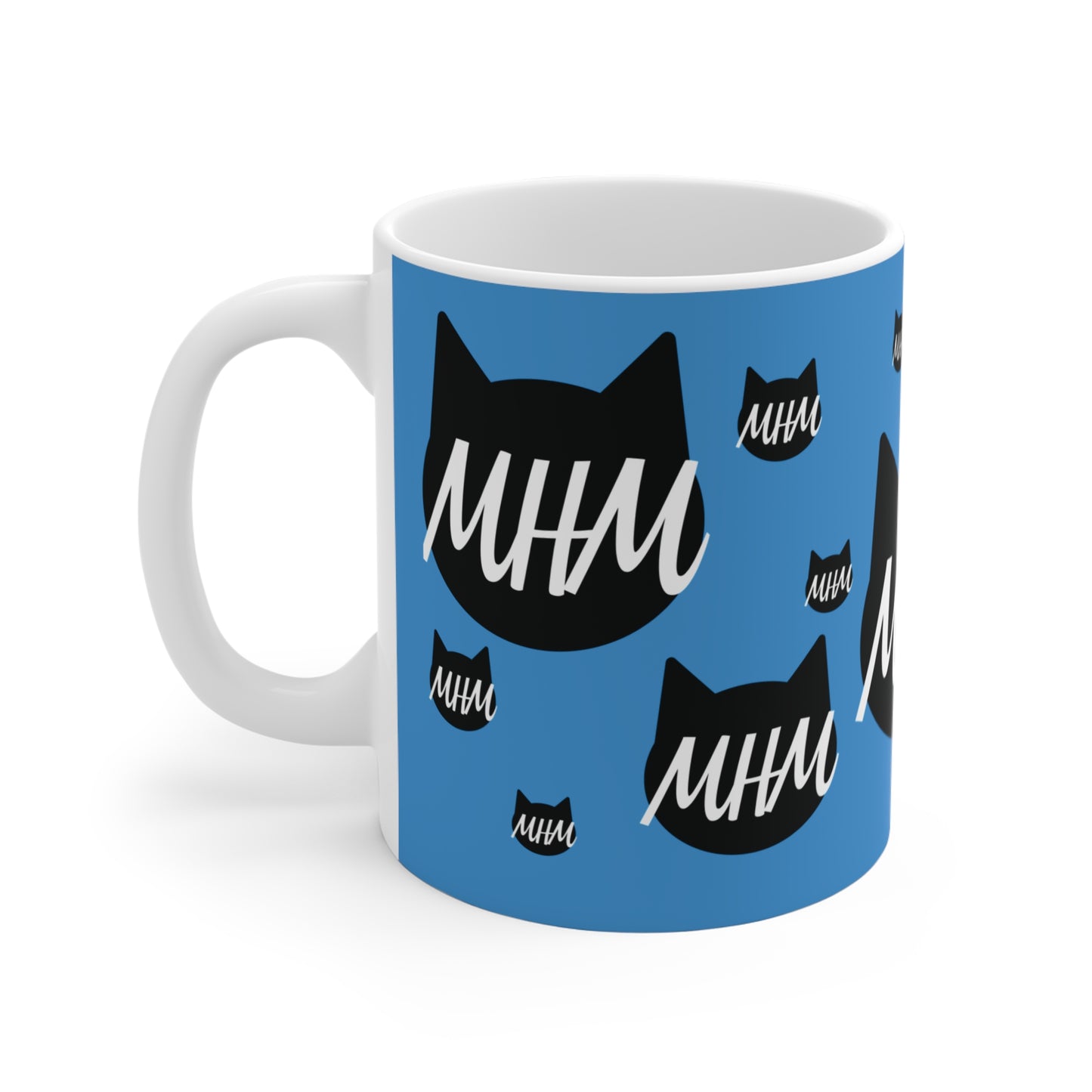 Cat Logo Mug — Blue 'MHM' Pattern 11oz