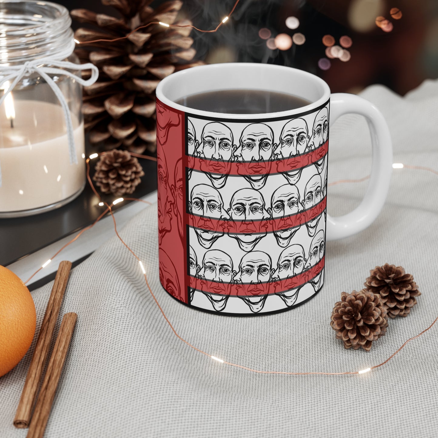 HotGossip - New Design 3 - 11oz Ceramic Mug Ambi Handle — Retro Red Face Pattern Modern Original Art Coffee Cup