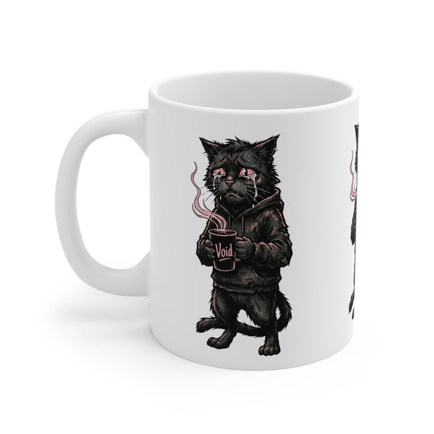 VOID - Cat Goth Mug — Grim Black Cat with Hoodie Holding 'Void' Coffee | Gothic Cat Coffee Mug
