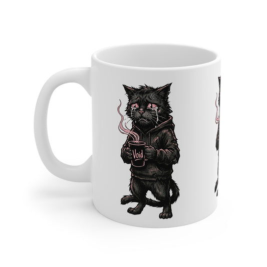VOID - Cat Goth Mug — Grim Black Cat with Hoodie Holding 'Void' Coffee | Gothic Cat Coffee Mug