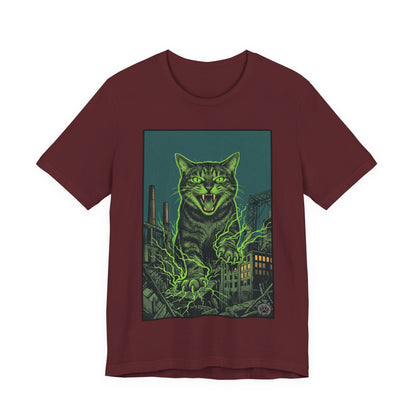 City Cat Attacks!  Green Electricity Giant Neon Cat Rampage T‑Shirt — Retro Monster City Graphic Tee