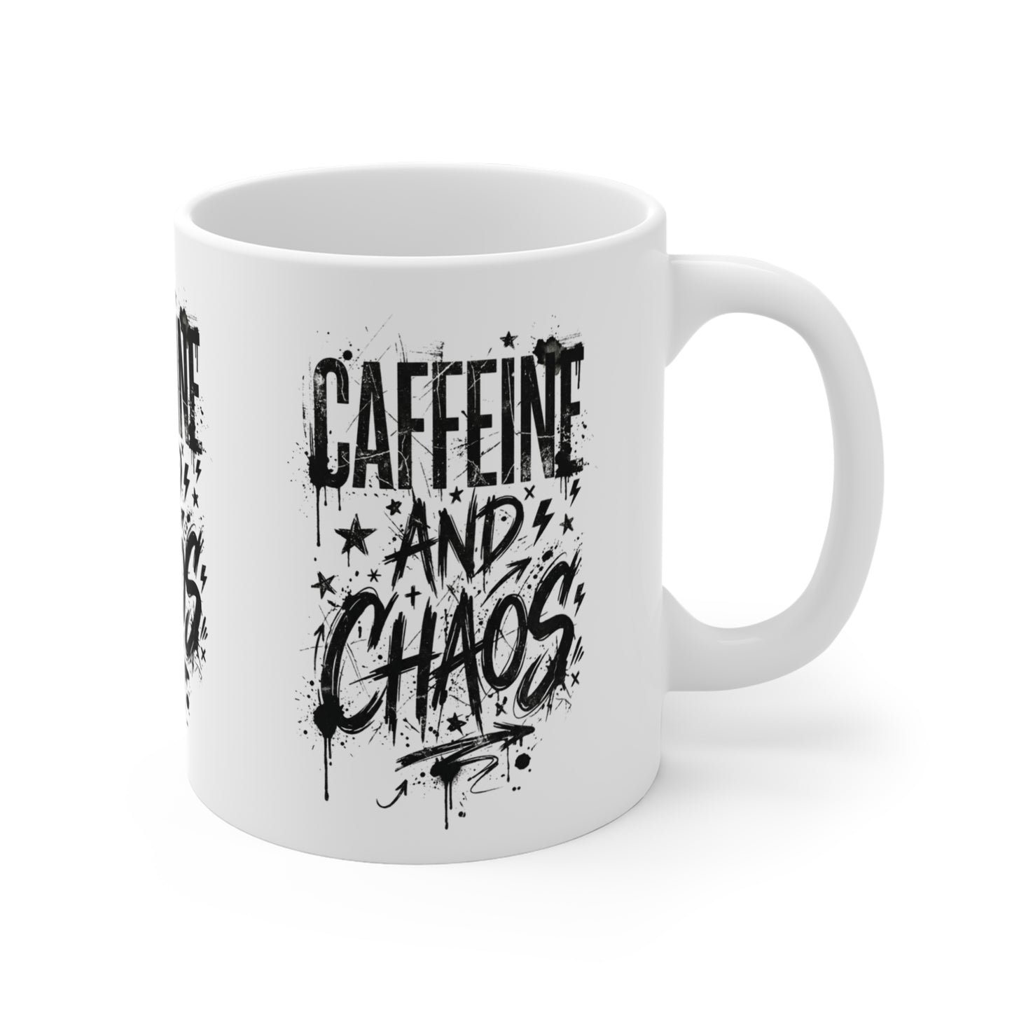 VOID - Caffeine and Chaos Mug — 11oz Coffee Cup with Bold Graffiti Typography