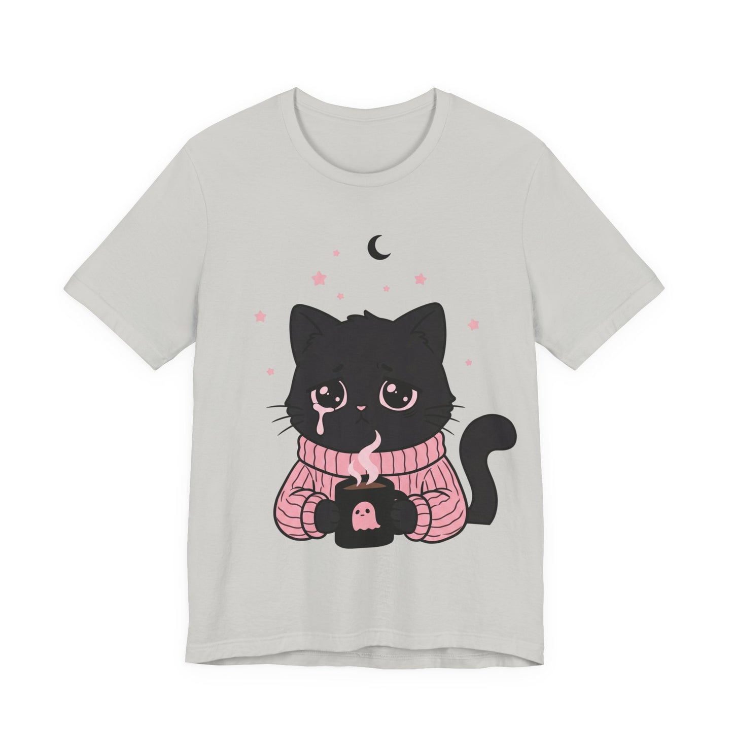 VOID - Cute Sad Black Cat Holding Hot Coffee T‑Shirt — Cozy Pink Sweater Kitty Tee