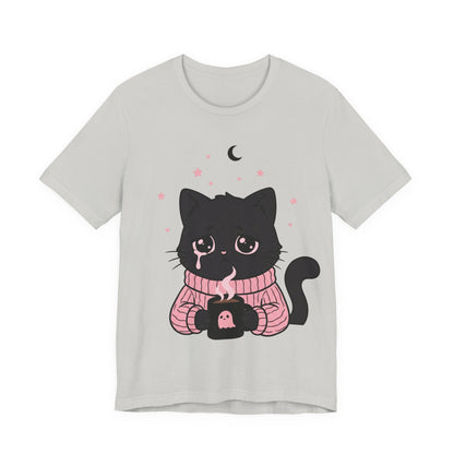 VOID - Cute Sad Black Cat Holding Hot Coffee T‑Shirt — Cozy Pink Sweater Kitty Tee