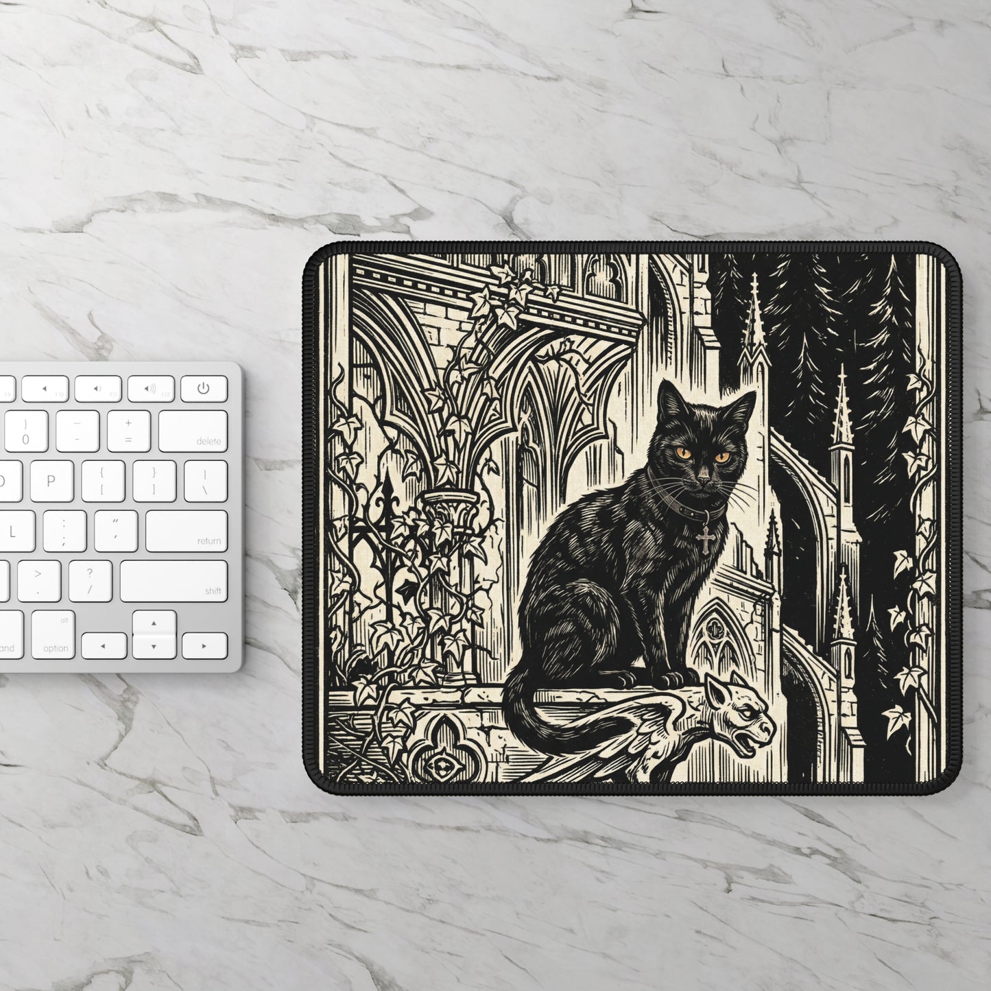 DarkArts- Cat 2 - Gothic Black Cat Mousepad - Cathedral Gargoyle Dark Imagery