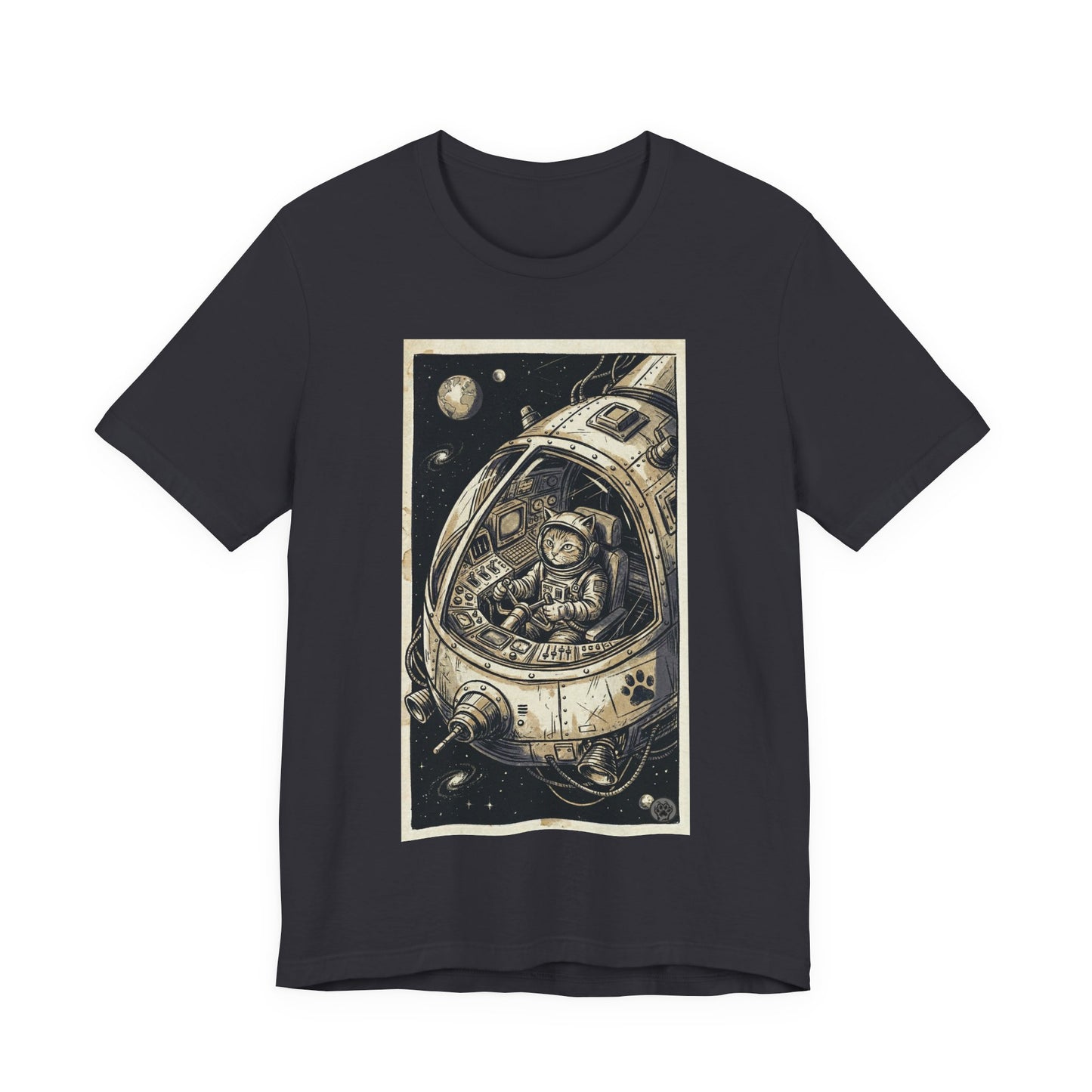 SpaceCat - To The Rescue! - Cat Astronaut in Rocket Capsule Graphic Tee – Vintage Style Space Pilot Illustration