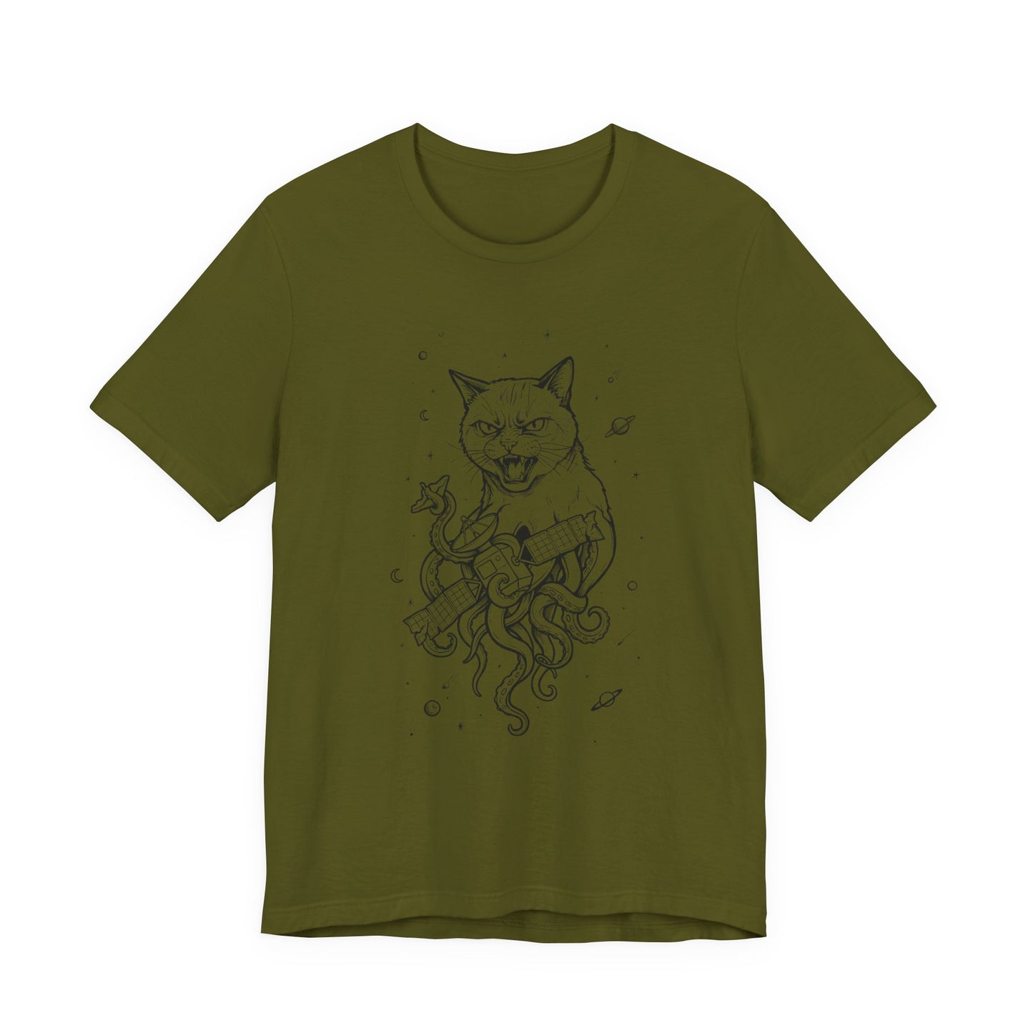 AlienCat In Space - Black Outline - Cat Kraken Illustration T-Shirt — Nautical Mythical Cat with Octopus Tentacles Tee